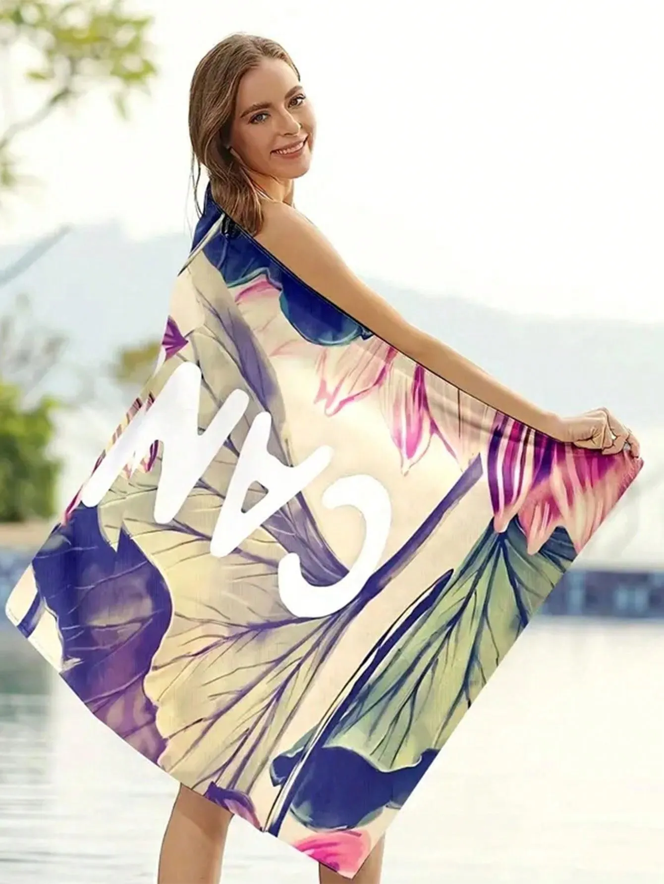 1pc "Candice" Letter & Flower Print Beach Towel, Portable Microfiber Summer Super Absorbent Towel, Soft Yoga Mat, 59x29"