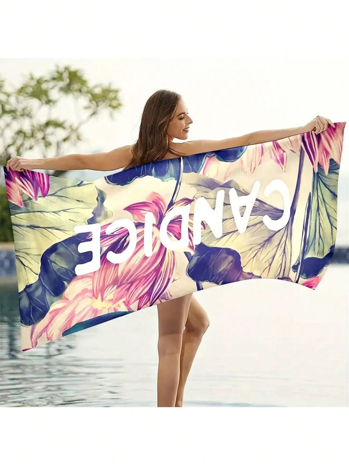 1pc "Candice" Letter & Flower Print Beach Towel, Portable Microfiber Summer Super Absorbent Towel, Soft Yoga Mat, 59x29"