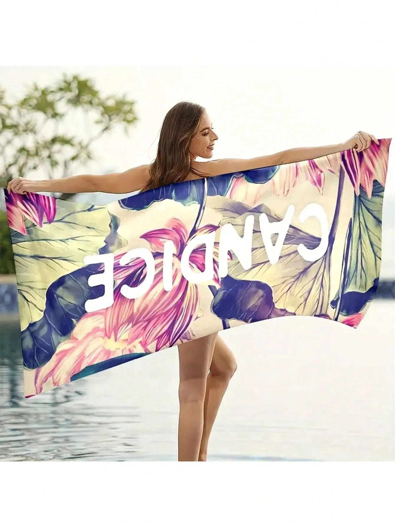 1pc "Candice" Letter & Flower Print Beach Towel, Portable Microfiber Summer Super Absorbent Towel, Soft Yoga Mat, 59x29"