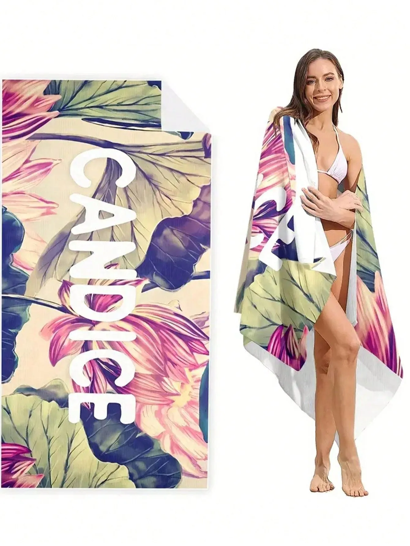 1pc "Candice" Letter & Flower Print Beach Towel, Portable Microfiber Summer Super Absorbent Towel, Soft Yoga Mat, 59x29"