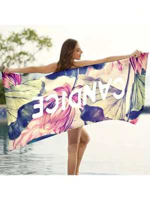 1pc "Candice" Letter & Flower Print Beach Towel, Portable Microfiber Summer Super Absorbent Towel, Soft Yoga Mat, 59x29"