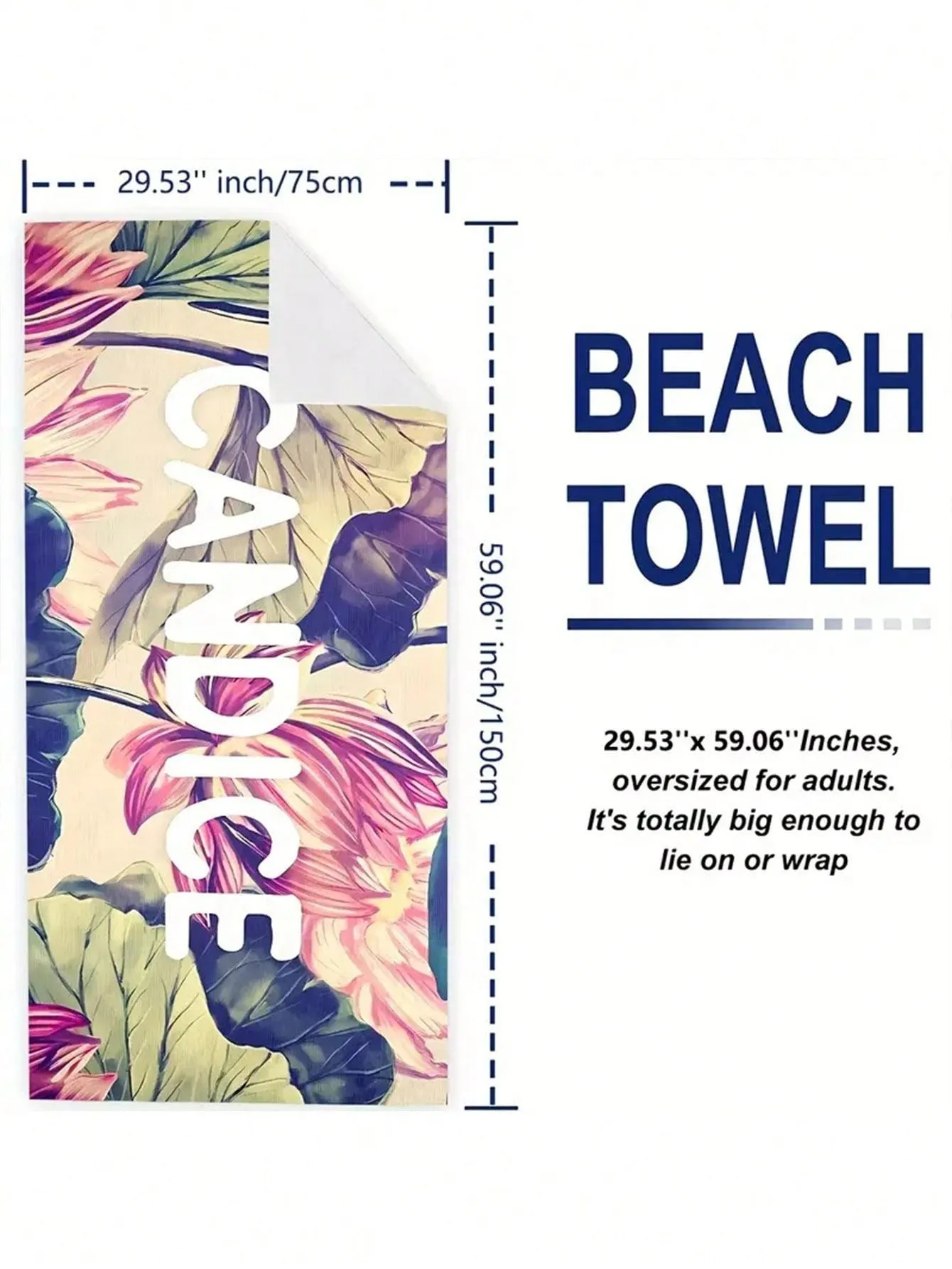 1pc "Candice" Letter & Flower Print Beach Towel, Portable Microfiber Summer Super Absorbent Towel, Soft Yoga Mat, 59x29"
