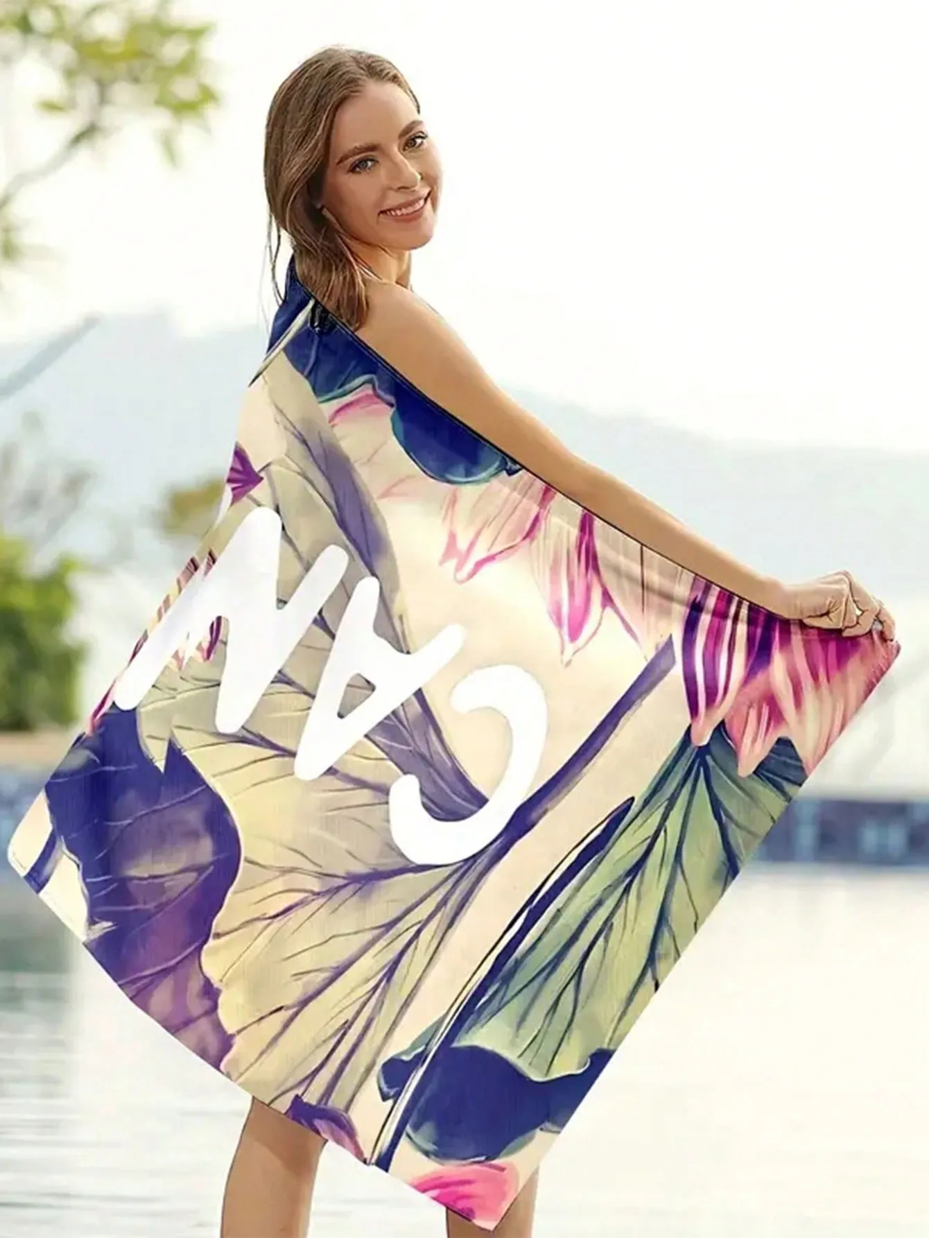 1pc "Candice" Letter & Flower Print Beach Towel, Portable Microfiber Summer Super Absorbent Towel, Soft Yoga Mat, 59x29"