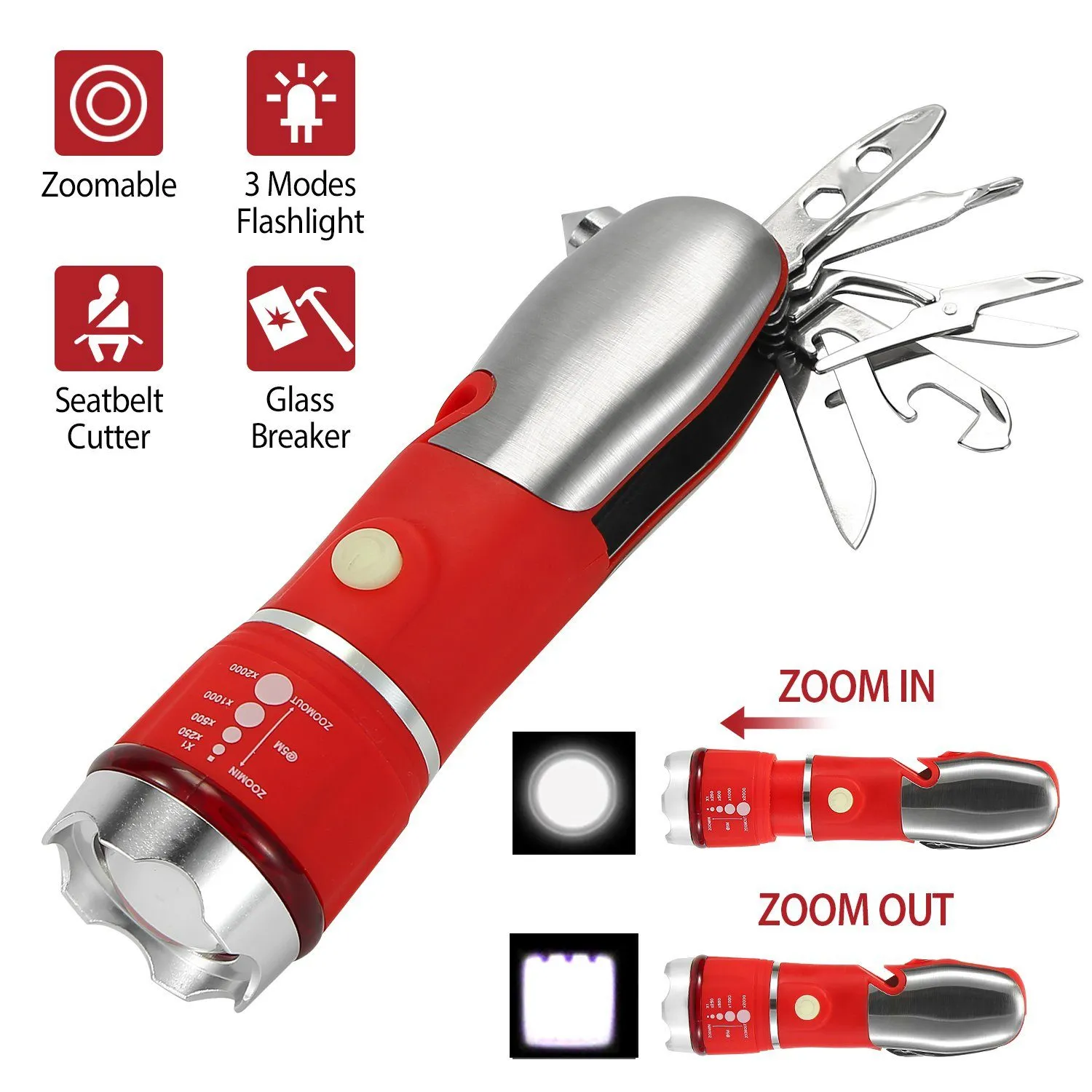 8-in-1 Multi-Tool Hammer Zoomable Emergency Flashlight