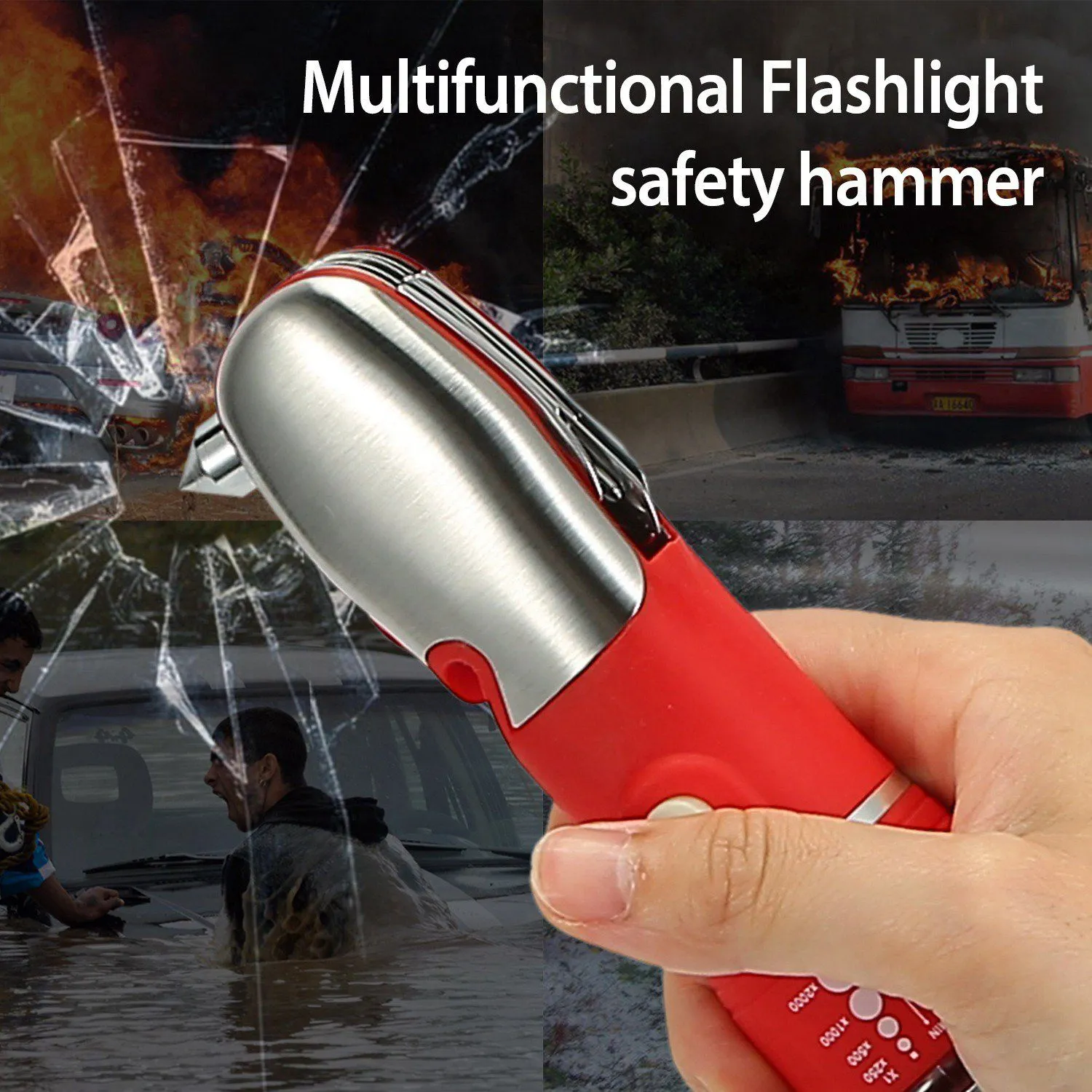 8-in-1 Multi-Tool Hammer Zoomable Emergency Flashlight