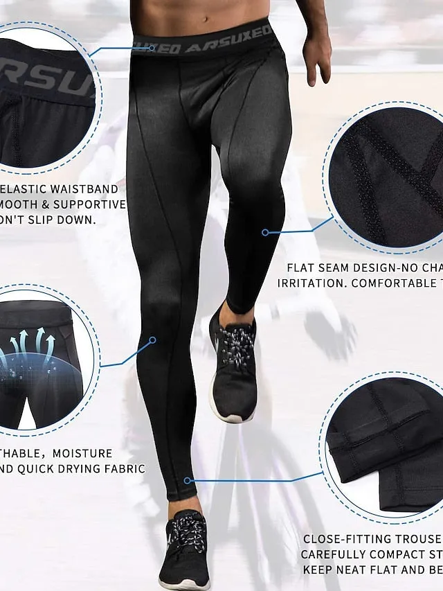 Arsuxeo Men's Compression Pants Running Tights Leggings Base Layer Athletic Athleisure Spandex Breathable Moisture Wicking Soft Fitness Gym Workout Running Sportswear Activewear Solid Colored Black
