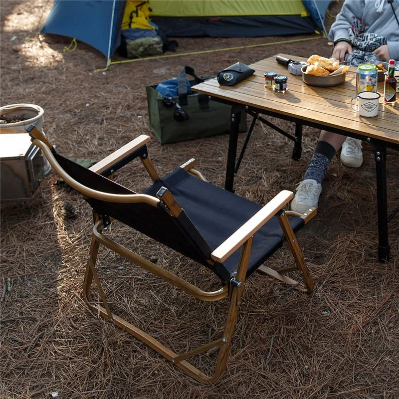 Black Wooden Grain Aluminum Camping Chair Foldable
