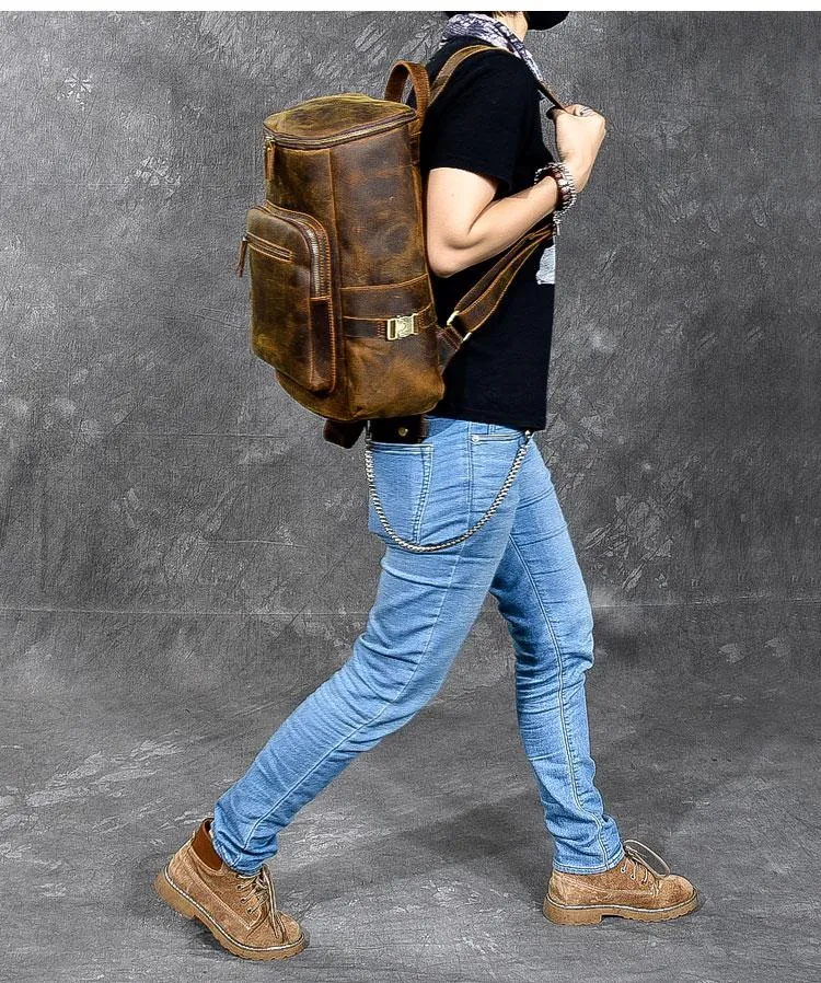 Brown Leather Mens 14" Laptop Large Backpack Hiking Backpack Travel Backpack College Bag for Men