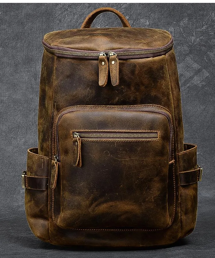 Brown Leather Mens 14" Laptop Large Backpack Hiking Backpack Travel Backpack College Bag for Men