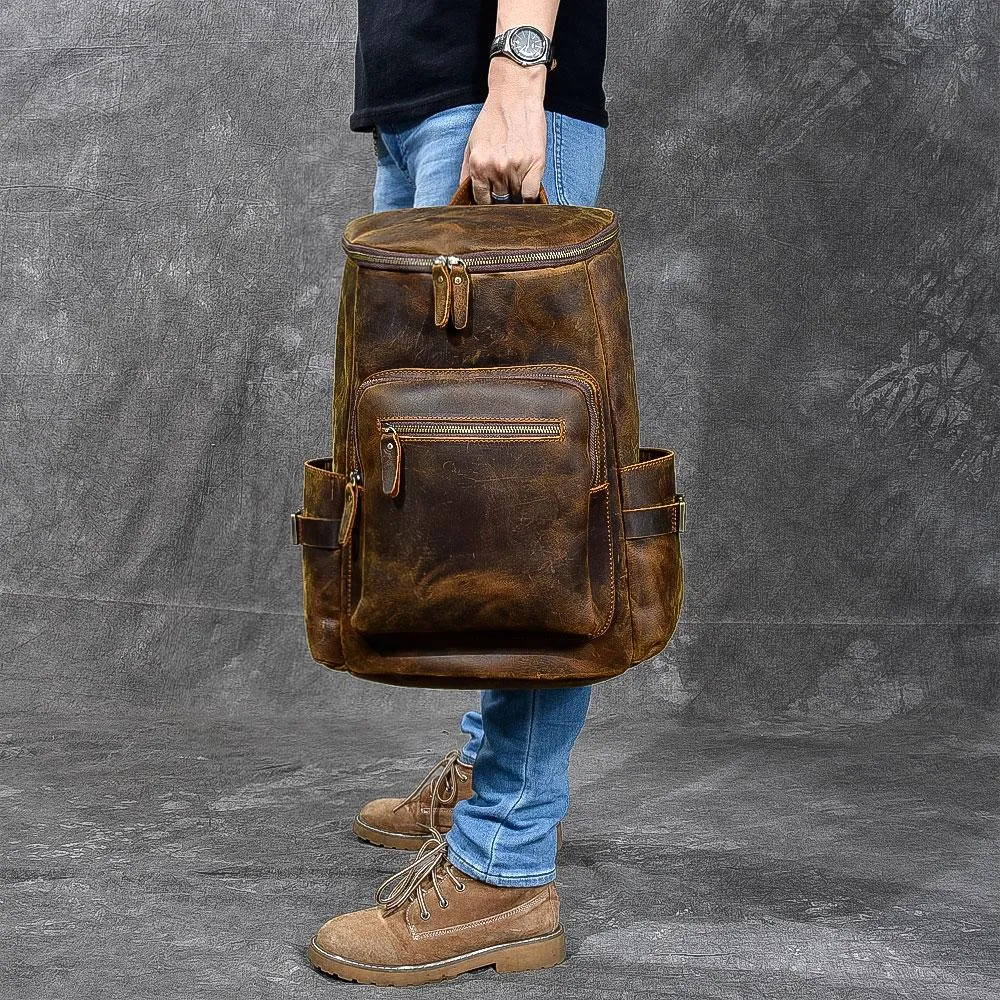 Brown Leather Mens 14" Laptop Large Backpack Hiking Backpack Travel Backpack College Bag for Men