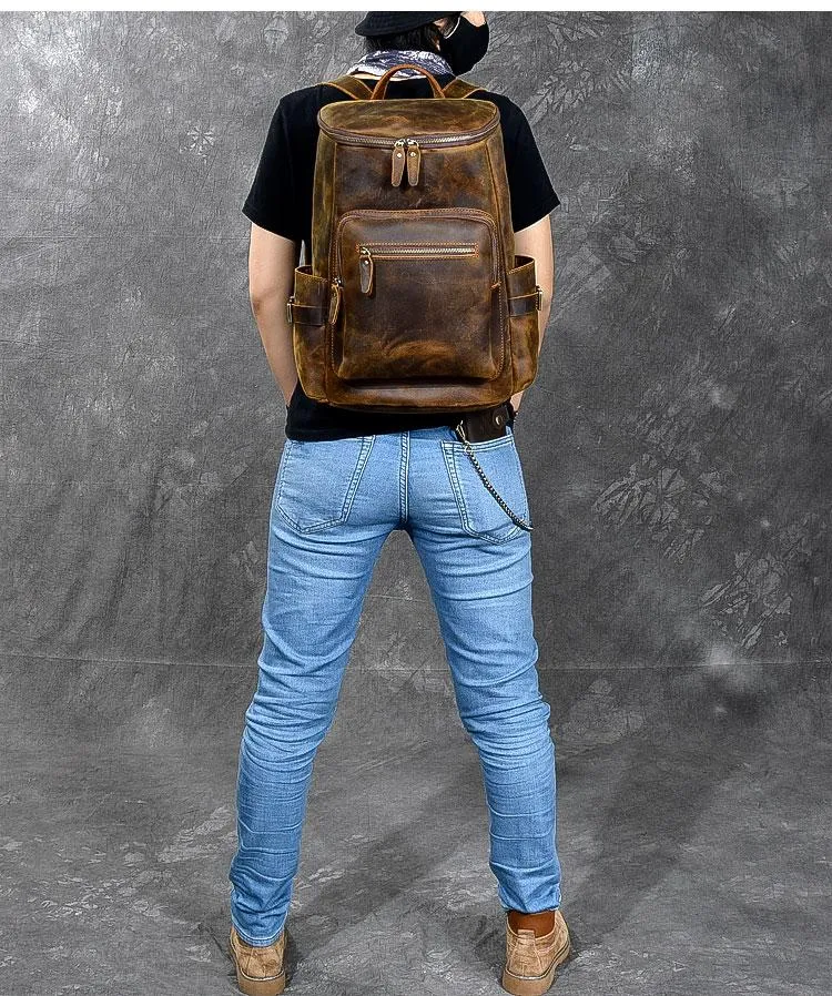 Brown Leather Mens 14" Laptop Large Backpack Hiking Backpack Travel Backpack College Bag for Men