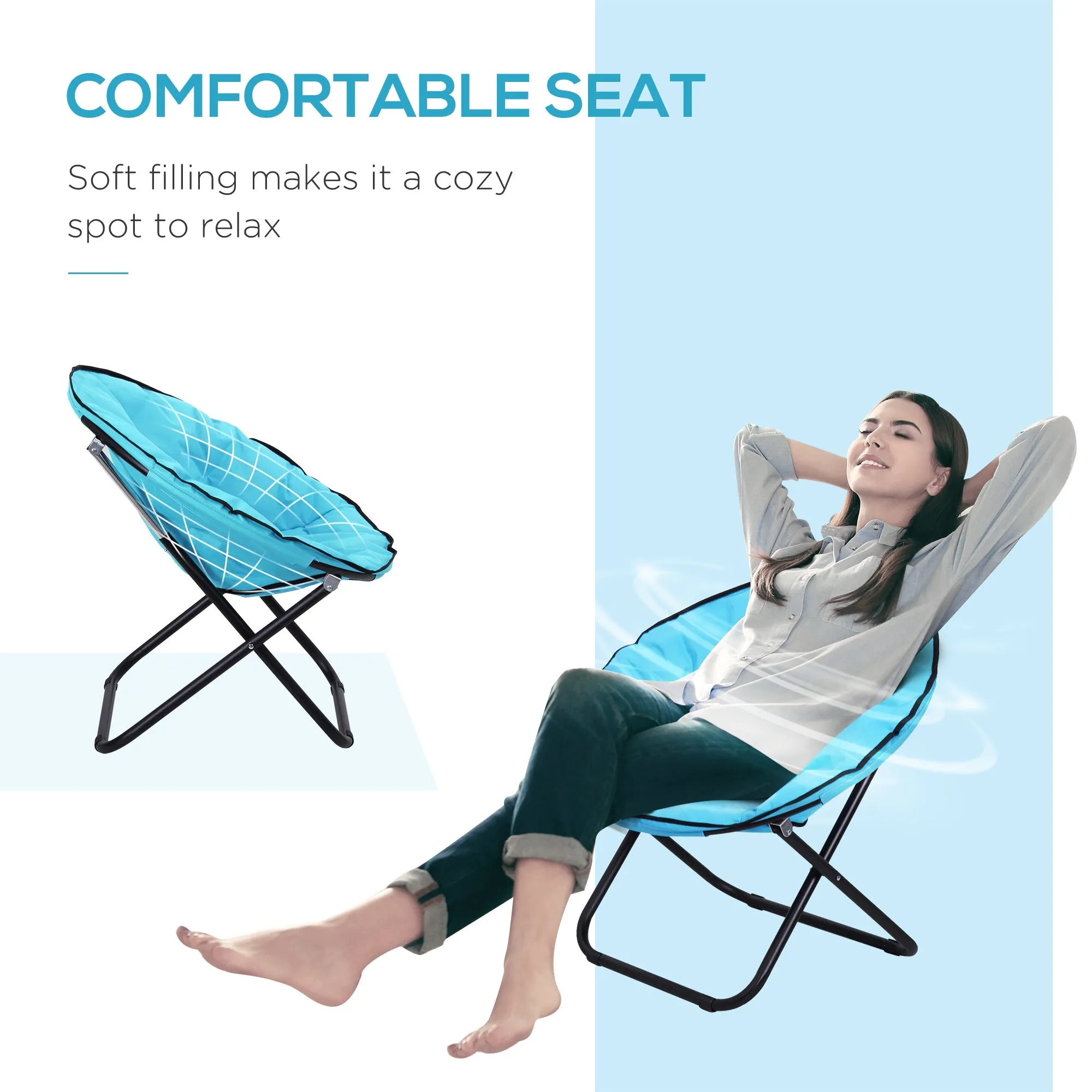 Outsunny Folding Saucer Moon Chair Oversized Padded Seat Round Oxford Blue
