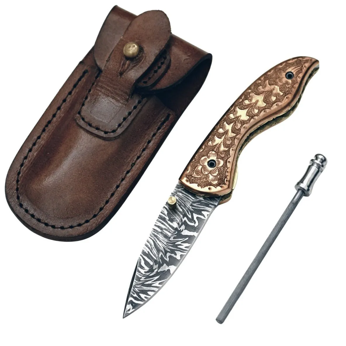 Pixel Copper Damascus Pocket Knife with Copper Handle