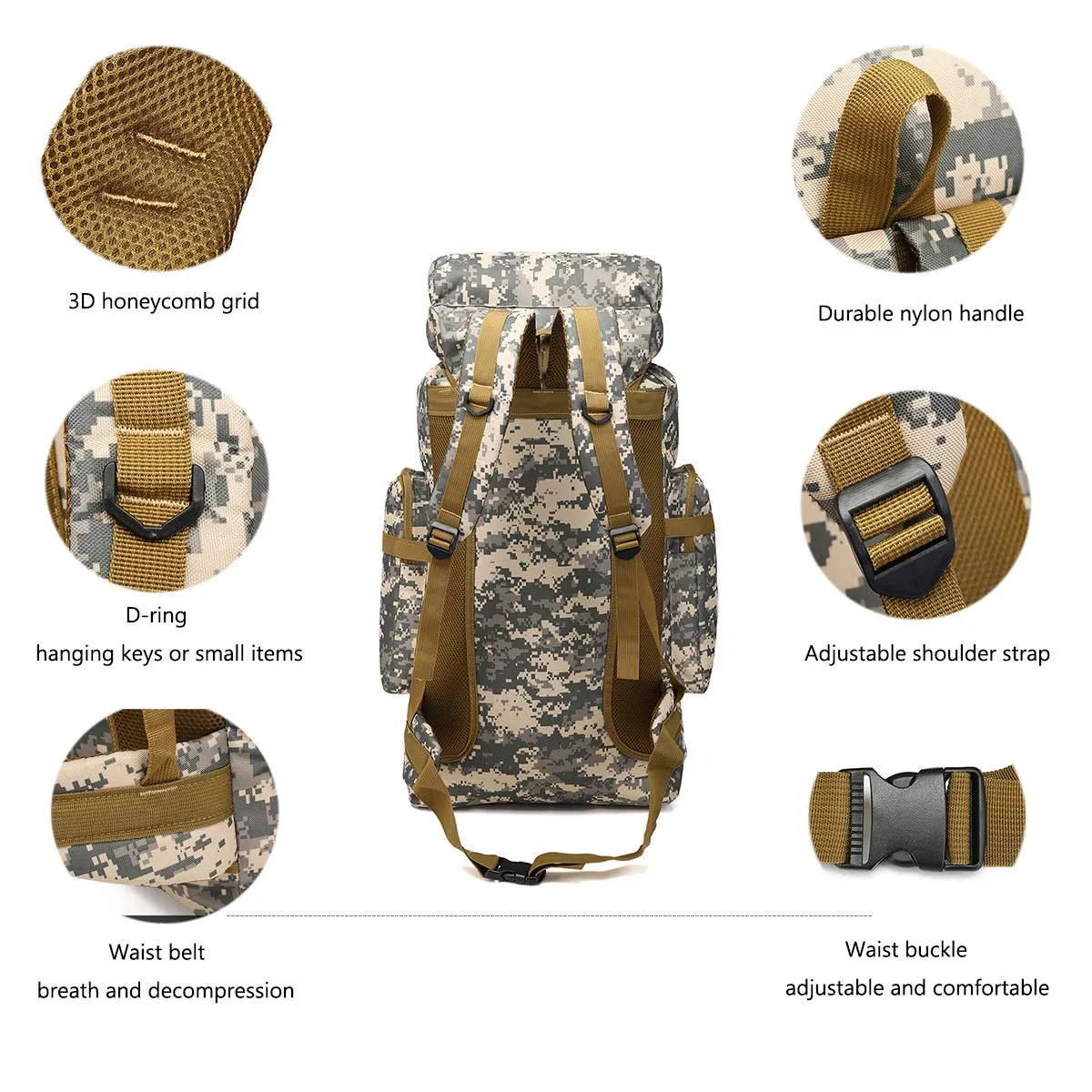 WintMing 70L Large Camping Hiking Backpack Tactical Military Molle Rucksack for Trekking Traveling Oxford Waterproof Mountaineering Pack Large Daypack for Men (Black)