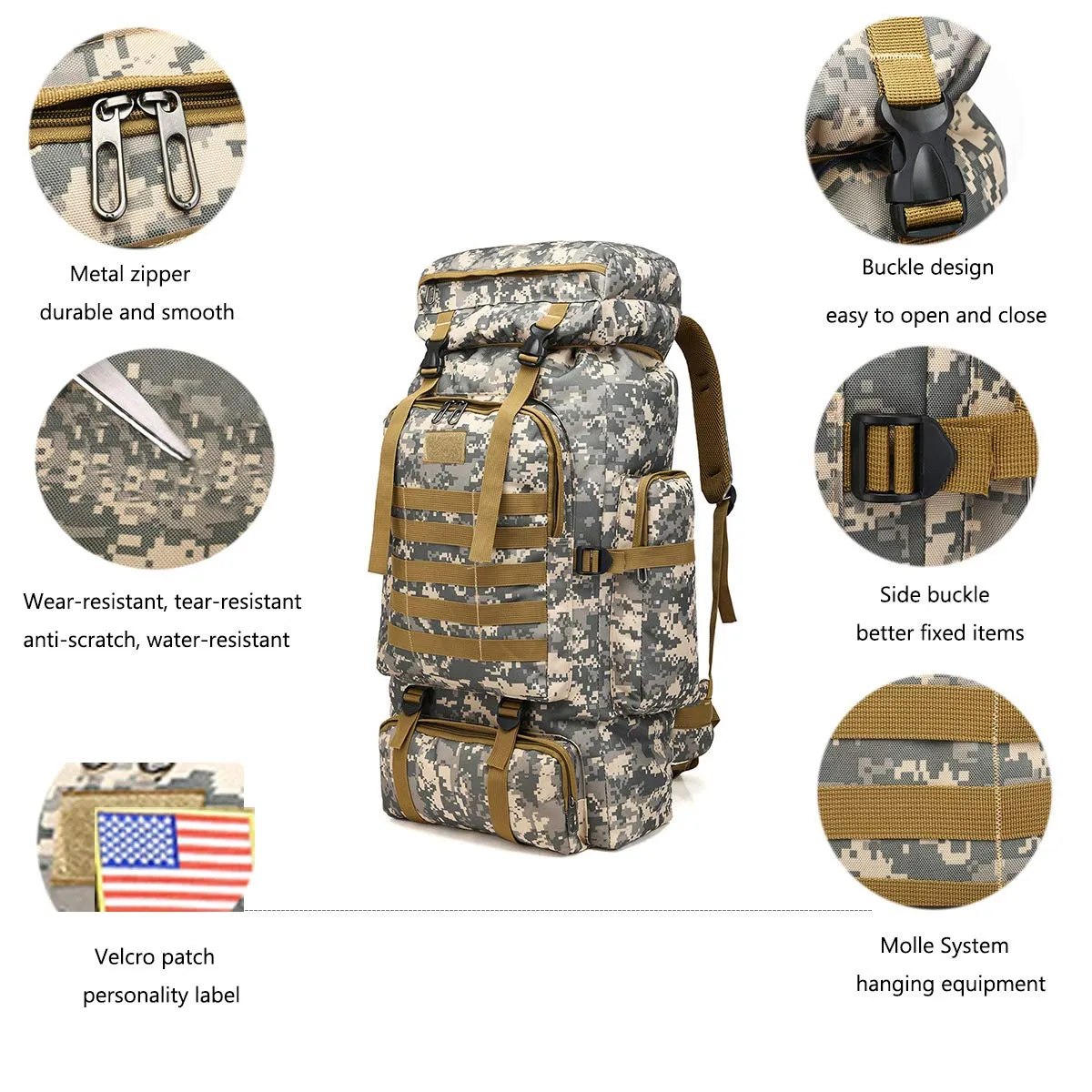 WintMing 70L Large Camping Hiking Backpack Tactical Military Molle Rucksack for Trekking Traveling Oxford Waterproof Mountaineering Pack Large Daypack for Men (Black)