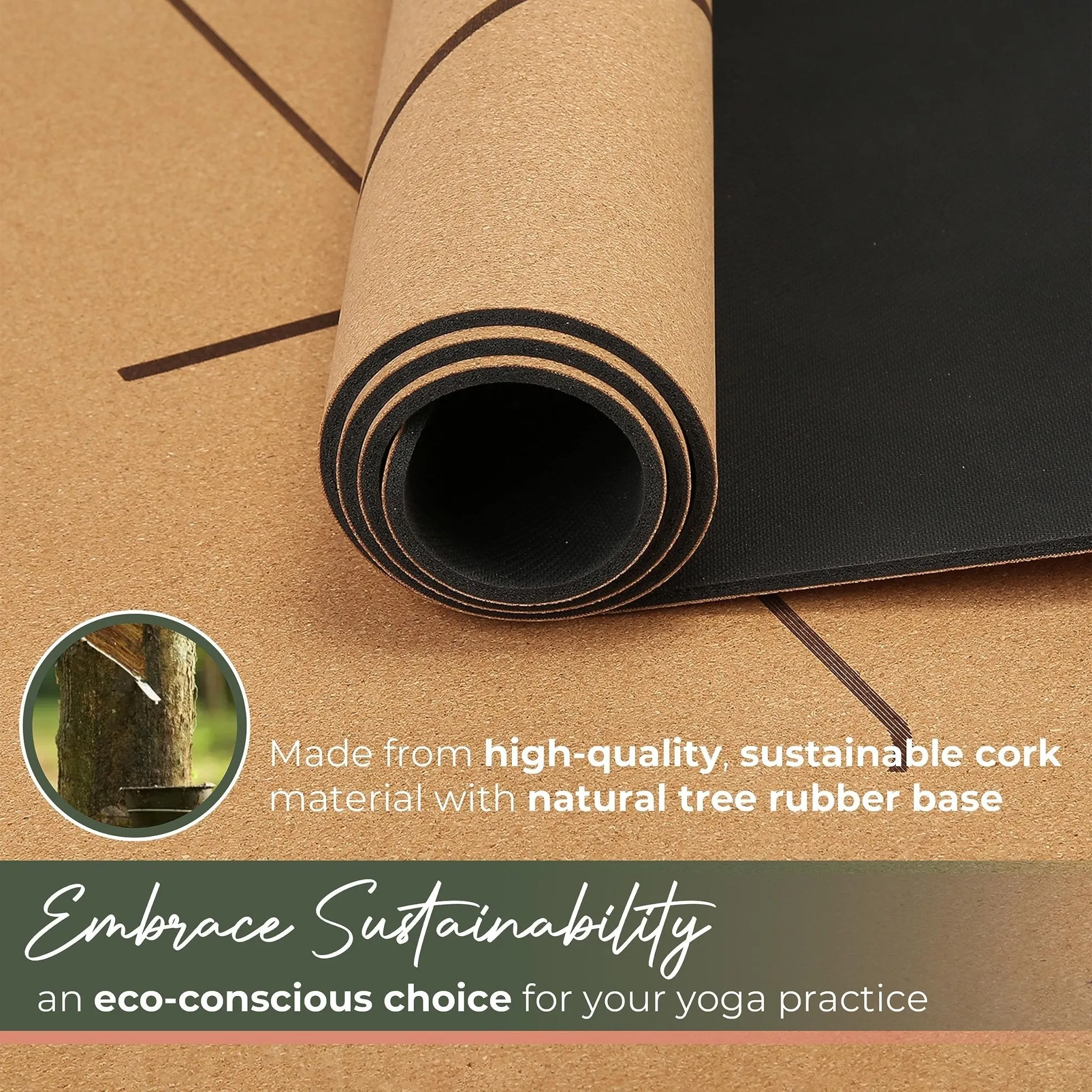 Y O GAYO: Premium Non-Slip Cork Yoga Mat – 5mm Thick, Natural Rubber Base, Eco-Friendly with Alignment Lines