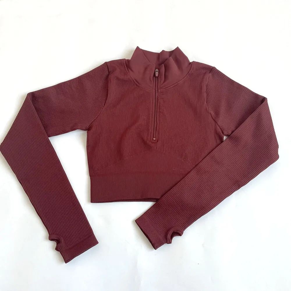 Zippered Long Sleeve Yoga Suit Quick Dry Running Gym Striped Drawstring Waist Sports Pants set women