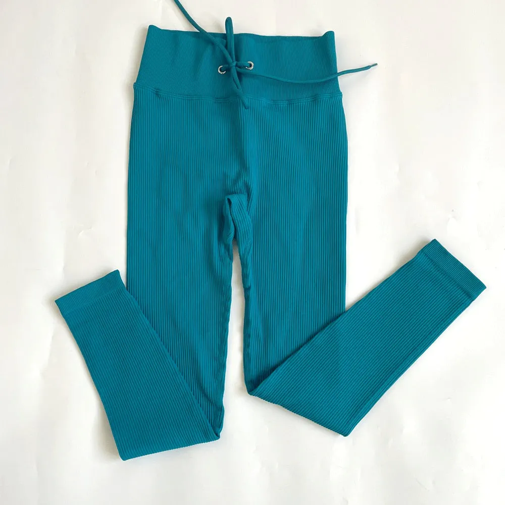 Zippered Long Sleeve Yoga Suit Quick Dry Running Gym Striped Drawstring Waist Sports Pants set women